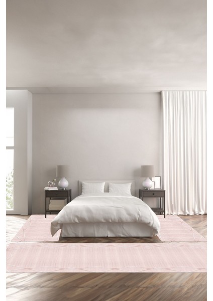 Dijital Baskılı Kaymaz Yıkanabilir Modern Kenar Çizgili Üçlü Yatak Odası, Yo-Modern-135-Pembe,