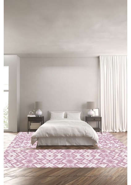 Dijital Kaymaz Yıkanabilir Modern Kare Zigzag Desenli Üçlü Yatak Odası, Yo-Modern-139-Pembe,