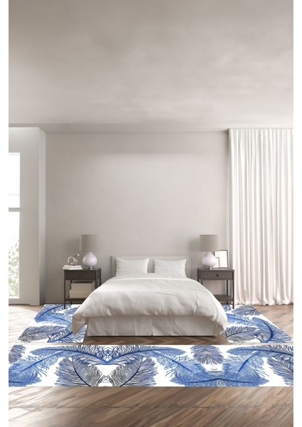 Dijital Baskılı Kaymaz Yıkanabilir Modern Beş Yapraklı Üçlü Yatak Odası, Yo-Modern-145-Mavi,
