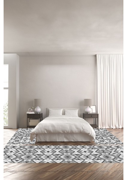 Dijital Kaymaz Yıkanabilir Modern Kare Zigzag Desenli Üçlü Yatak Odası, Yo-Modern-139-Gri,