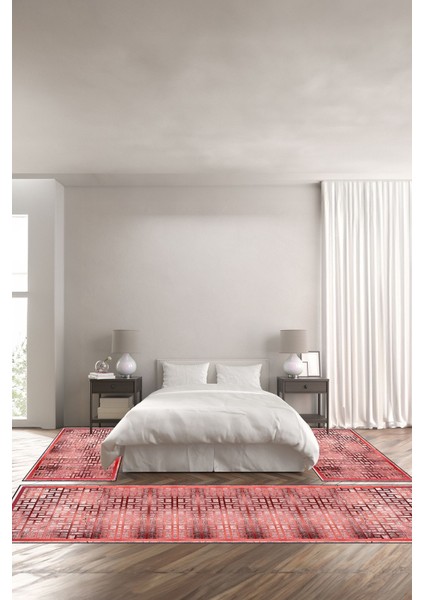Dijital Baskılı Kaymaz Yıkanabilir Modern Kare Mermer Modelli Üçlü Yatak Odası, Yo-Modern-179-Bordo,