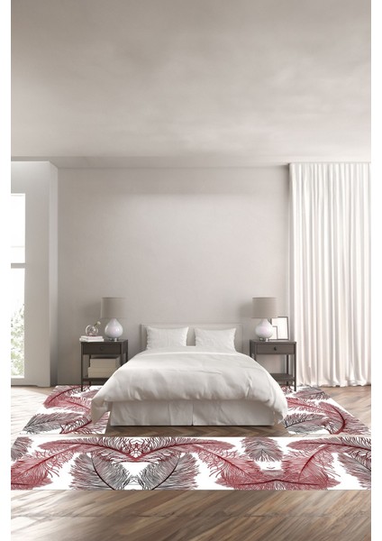 Dijital Baskılı Kaymaz Yıkanabilir Modern Beş Yapraklı Üçlü Yatak Odası, Yo-Modern-145-Kırmızı,