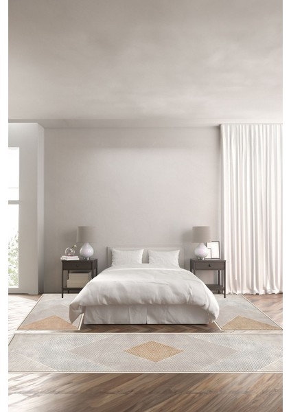 Dijital Kaymaz Yıkanabilir Modern Üçgen Çizgili Sade Üçlü Yatak Odası Takımı, Yo-Modern-181-Bej,