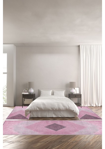 Dijital Kaymaz Yıkanabilir Modern Üçgen Çizgili Sade Üçlü Yatak Odası Takımı, Yo-Modern-181-Pembe,