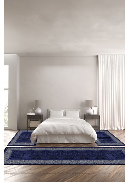 Baskılı Kaymaz Yıkanabilir Çerçeveli Kenar Motif Modern Üçlü Yatak Odası,Yo-Çerçevelı-129-Lacıvert,
