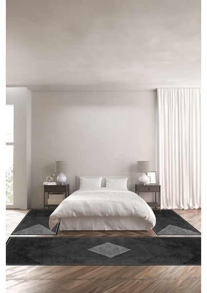 Dijital Kaymaz Yıkanabilir Modern Üçgen Çizgili Sade Üçlü Yatak Odası Takımı, Yo-Modern-181-Antrast,