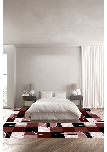 Dijital Baskılı Kaymaz Yıkanabilir Modern Kare Desenli Üçlü Yatak Odası, Yo-Modern-186-Bordo,