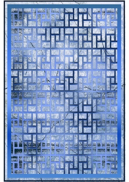 Dijital Baskılı Kaymaz Yıkanabilir Modern Kare Mermer Modelli Üçlü Yatak Odası, Yo-Modern-179-Mavi,