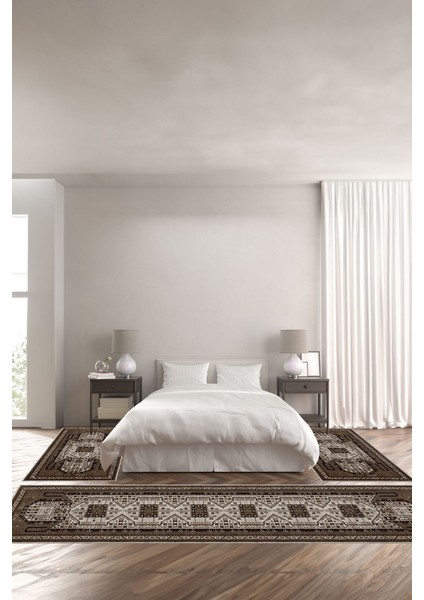 Dijital Baskılı Kaymaz Taban Yıkanabilir Etnik Klasik Model Üçlü Yatak Odası, Yo-Etnik-32-Kahve,