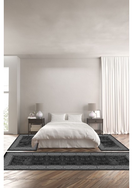 Baskılı Kaymaz Yıkanabilir Çerçeveli Kenar Motif Modern Üçlü Yatak Odası,Yo-Çerçevelı-129-Antrasıt,