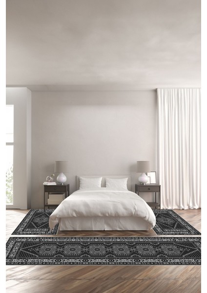 Baskılı Kaymaz Taban Yıkanabilir Etnik Klasik Çerçeve Model Üçlü Yatak Odası, Yo-Etnik-33-Gri,