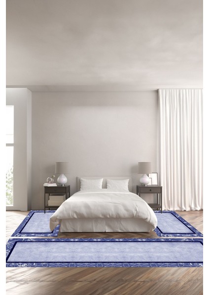 Dijital Kaymaz Yıkanabilir Modern Çiçekli Çerçeve Desenli Üçlü Yatak Odası, Yo-Modern-199-Lacivert,