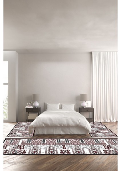 Dijital Baskılı Kaymaz Yıkanabilir Modern Motif Desenli Üçlü Yatak Odası, Yo-Modern-216-Bordo,