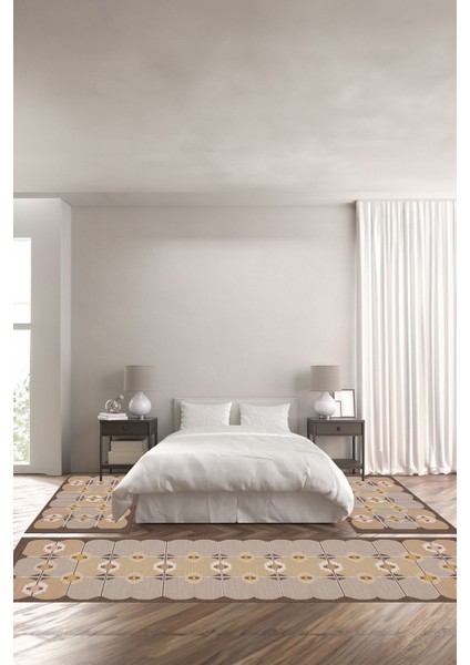 Dijital Kaymaz Yıkanabilir Modern Sade Etnik Desenli Üçlü Yatak Odası, Yo-Modern-220-Kahve,