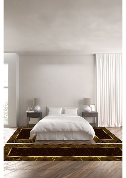 Dijital Baskılı Kaymaz Yıkanabilir Mermer Çerçeve Desenli Üçlü Yatak Odası, Yo-Mermer-31-Kahve,