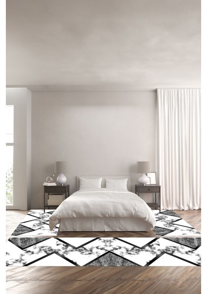 Baskılı Kaymaz Yıkanabilir Mermer Çapraz Çizgi Detaylı Üçlü Yatak Odası, Yo-Mermer-32-Antrasit,