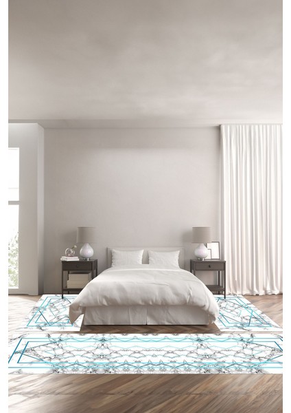 Dijital Baskılı Kaymaz Yıkanabilir Mermer Çizgi Detaylı Üçlü Yatak Odası, Yo-Mermer-35-Turkuaz,