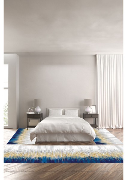 Dijital Kaymaz Yıkanabilir Modern Sade Üçrenk Desenli Üçlü Yatak Odası, Yo-Modern-219-Mavi,