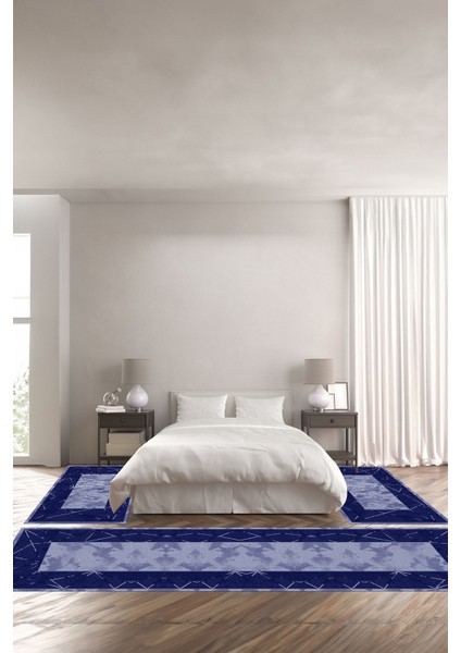 Baskılı Kaymaz Yıkanabilir Mermer Kenar Çizgi Detaylı Üçlü Yatak Odası, Yo-Mermer-36-Lacivert,
