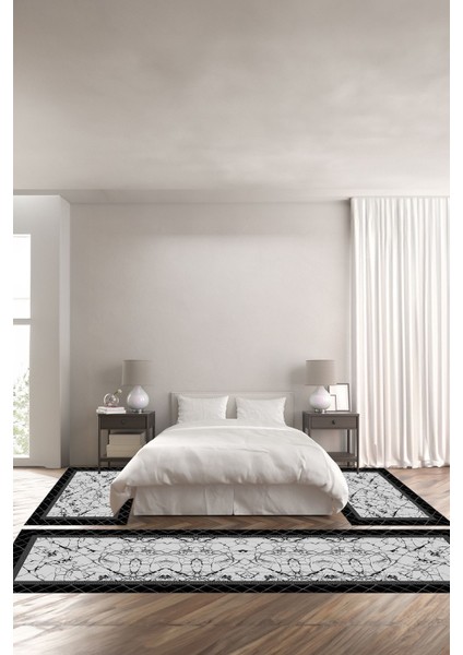 Baskılı Kaymaz Yıkanabilir Mermer Sade Klasik Çizgi Motifli Üçlü Yatak Odası, Yo-Mermer-41-Siyah,