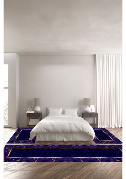 Dijital Baskılı Kaymaz Yıkanabilir Mermer Çerçeve Desenli Üçlü Yatak Odası, Yo-Mermer-31-Lacivert,
