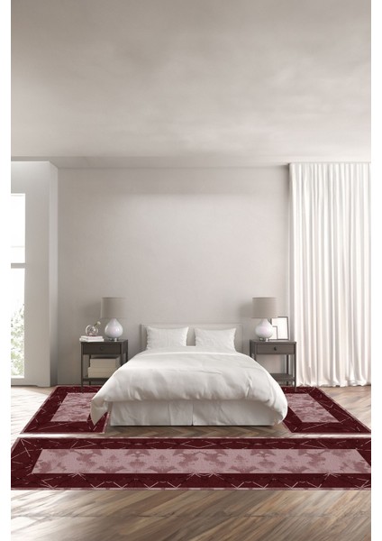 Baskılı Kaymaz Yıkanabilir Mermer Kenar Çizgi Detaylı Üçlü Yatak Odası, Yo-Mermer-36-Bordo,