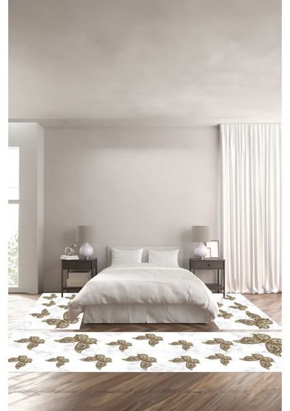 Dijital Baskılı Kaymaz Yıkanabilir Mermer Kelebek Motifli Üçlü Yatak Odası, Yo-Mermer-43-Kahve,