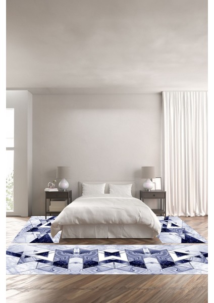 Dijital Baskılı Kaymaz Yıkanabilir Mermer Üçgen Motifli Üçlü Yatak Odası, Yo-Mermer-77-Lacivert,