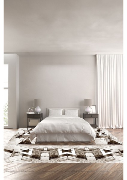 Dijital Baskılı Kaymaz Yıkanabilir Mermer Üçgen Motifli Üçlü Yatak Odası, Yo-Mermer-77-Kahve,