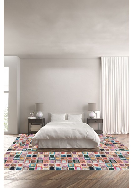 Baskılı Kaymaz Yıkanabilir Patchwork Yama Modeli Üçlü Yatak Odası, Yo-Patchwork-26-Renkli,