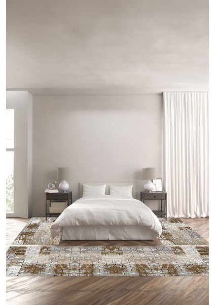 Baskılı Kaymaz Yıkanabilir Patchwork Çizgili Modern Üçlü Yatak Odası, Yo-Patchwork-30-Bej,