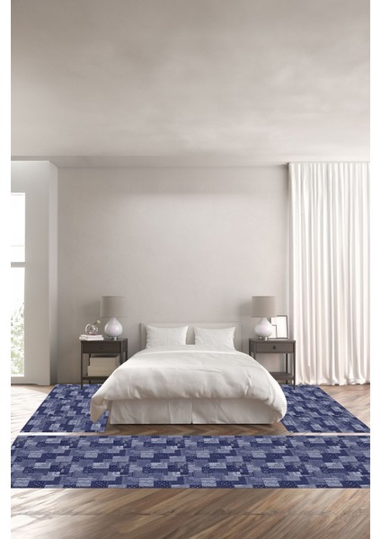 Baskılı Kaymaz Yıkanabilir Patchwork Kare Desenli Modern Üçlü Yatak Odası, Yo-Patchwork-31-Lacivert,