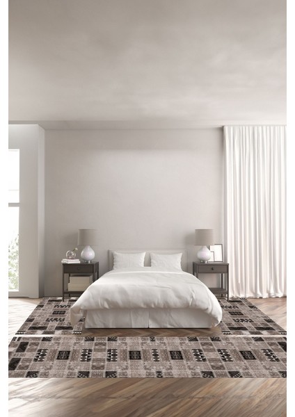 Baskılı Kaymaz Yıkanabilir Patchwork Etnik Modern Üçlü Yatak Odası, Yo-Patchwork-23-Vizon,