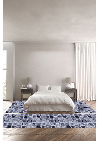 Baskılı Kaymaz Yıkanabilir Patchwork Yama Modeli Üçlü Yatak Odası, Yo-Patchwork-26-Lacivert,