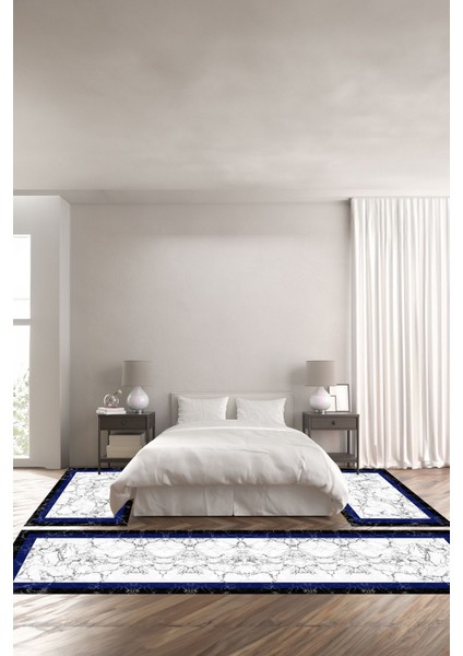 Dijital Baskılı Kaymaz Yıkanabilir Mermer Sade Üçlü Yatak Odası Takımı, Yo-Mermer-78-Mavi,