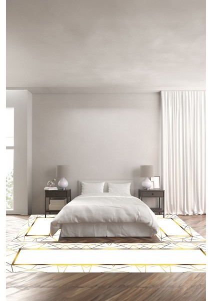 Baskılı Kaymaz Yıkanabilir Mermer Zigzag Çizgi Desenli Üçlü Yatak Odası, Yo-Mermer-79-Beyaz,