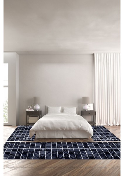 Baskılı Kaymaz Yıkanabilir Patchwork Leopar Desenli Üçlü Yatak Odası, Yo-Patchwork-24-Lacivert,