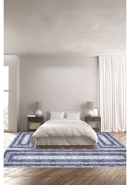 Dijital Baskılı Kaymaz Yıkanabilir Sade Dikdörtgen Desenli Üçlü Yatak Odası, Yo-Sade-63-Lacivert,