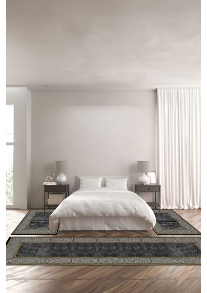 Baskılı Kaymaz Yıkanabilir Çerçeveli Kenar Motif Modern Üçlü Yatak Odası,Yo-Çerçevelı-129-Gold,