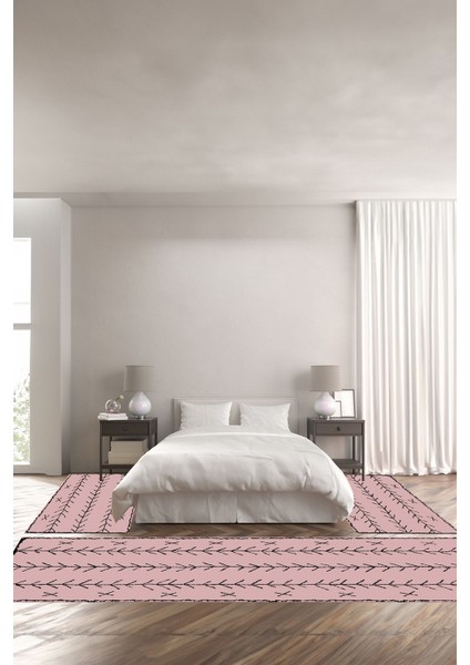 Baskılı Kaymaz Yıkanabilir Iskandinav Etnik Görünüm Üçlü Yatak Odası, Yo-Iskandinav-33-Pembe,