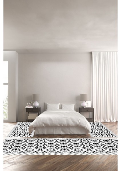 Baskılı Kaymaz Yıkanabilir Iskandinav Etnik Kilim Desen Üçlü Yatak Odası, Yo-Iskandinav-37-Beyaz,