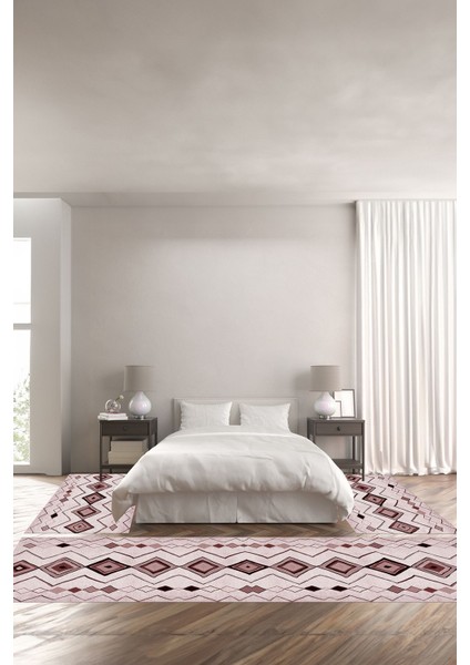 Baskılı Kaymaz Yıkanabilir Iskandinav Kilim Görünümlü Üçlü Yatak Odası, Yo-Iskandinav-35-Pembe,