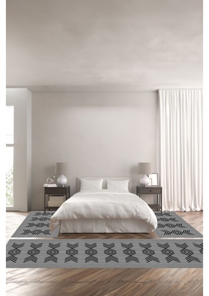 Dijital Kaymaz Taban Yıkanabilir Jüt Çizgi Modelli Üçlü Yatak Odası Takımı, Yo-Jüt-39-Gri,