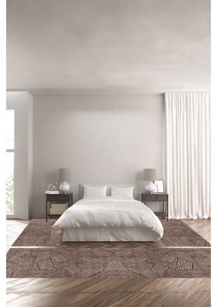 Dijital Baskılı Kaymaz Yıkanabilir Jüt Hasır Görünümlü Çizgili Üçlü Yatak Odası, Yo-Jüt-34-Kahve,