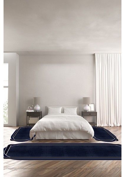 Dijital Baskılı Kaymaz Taban Yıkanabilir Lazer Kesim Üçlü Yatak Odası Takımı, Yo-Lazer-47-Lacivert,