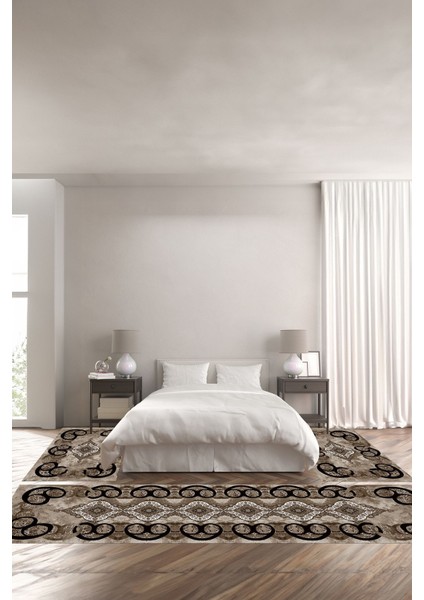 Dijital Baskılı Kaymaz Yıkanabilir Modern Klasik Motifli Üçlü Yatak Odası, Yo-Modern-159-Kahve,