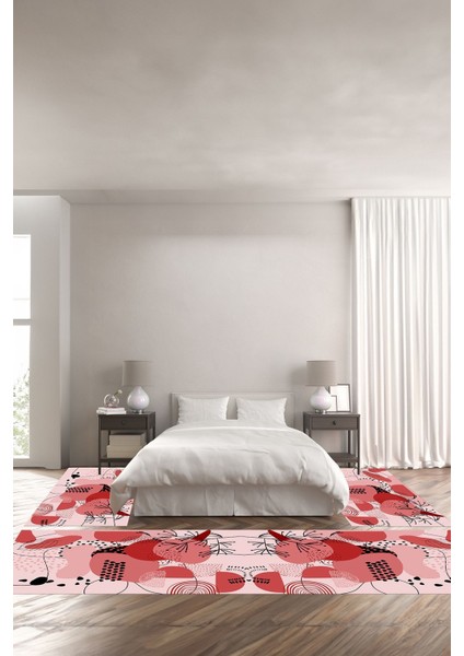 Dijital Baskılı Kaymaz Yıkanabilir Modern Rengarenk Modelli Üçlü Yatak Odası, Yo-Modern-154-Kırmızı,