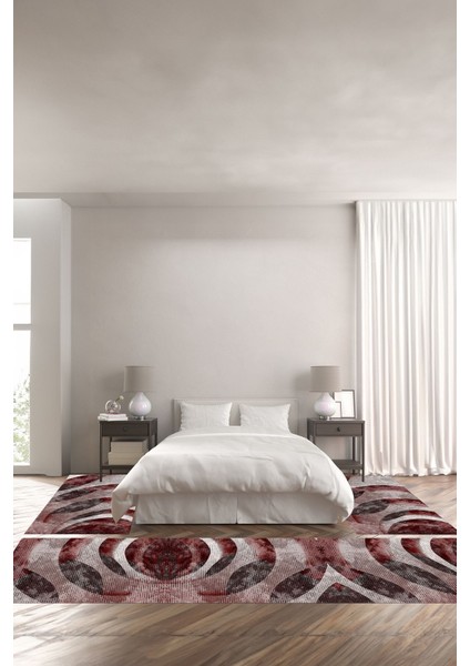 Dijital Baskılı Kaymaz Yıkanabilir Modern Sade Desenli Üçlü Yatak Odası, Yo-Modern-124-Bordo,