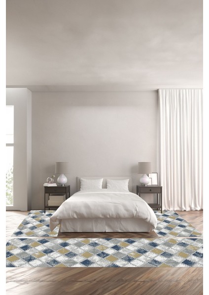 Dijital Baskılı Kaymaz Yıkanabilir Modern Zigzag Desenli Üçlü Yatak Odası, Yo-Modern-126-Lacivert,