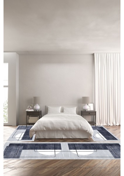 Dijital Baskılı Kaymaz Yıkanabilir Modern Sade Klasik Üçlü Yatak Odası, Yo-Modern-158-Lacivert,